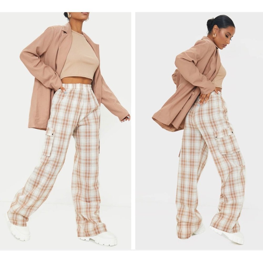 PrettyLittle Thing Ultra High Rise Wide Leg Plaid Women's Pants Size 8 - Picture 1 of 13